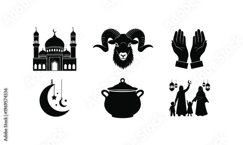 Islamic eid al adha celebration vector illustration with mosque ram crescent and family silhouettes.