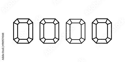 Jewelry gemstone icons set featuring emerald cut diamonds black outline design luxury jewelry shop graphics elegant crystal elements on white background