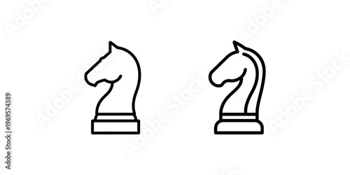 Chess knight piece icons set showing black outline silhouette of horse head strategy game elements isolated on white background for competition design