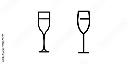 Champagne flute glass icons collection with black outline drawing elegant drinkware symbols for celebration events isolated on white background graphics