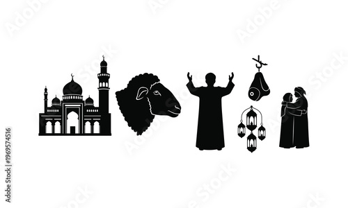 Religious eid al adha celebration vector illustration with mosque sheep head and praying silhouette.