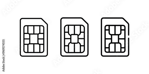 Mobile sim card icon set representing telecommunication chip and cellular data connection for smartphone devices and global networking for mobile phone
