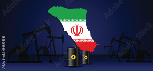 Kharg island oil industry illustration with refinery pumps and national map background