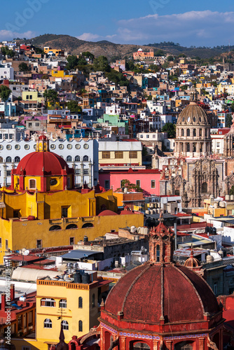 Colorful cityscape with three landmark churches at Guanajuato, Mexico