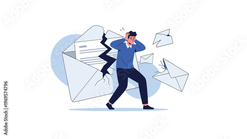 Frustrated man stands beside a giant broken envelope while white paper scraps fly around in an office communication failure.