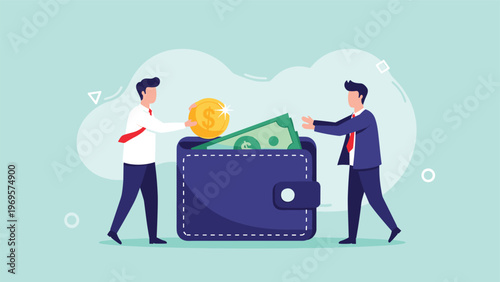 Two business partners placing coins and bills into a large wallet representing shared savings and financial partnership in a company.