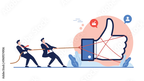 Businessmen working together to pull a giant thumbs up icon symbolizing effort for social media approval and customer satisfaction goals.