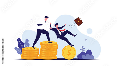 Businessman pushing a rival off a stack of gold coins representing intense corporate competition and career sabotage in the financial world.