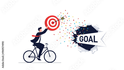 Businessman riding a bicycle while shooting an arrow at a goal target for focused pursuit and success in a professional career path.