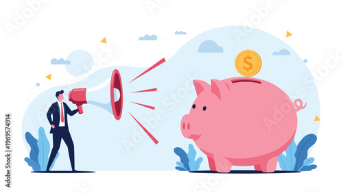 Businessman shouting through a megaphone into a giant piggy bank for financial savings awareness and investment calls in the economy.