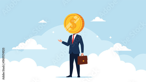Businessman with a large gold coin as a head representing financial obsession and wealth focused mindset in the modern corporate world.