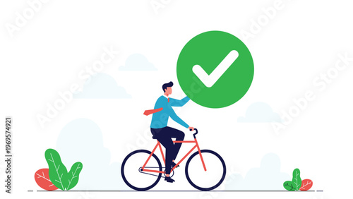 Businessman riding a bicycle while carrying a large green check mark for fast approval and successful progress in a corporate mission.