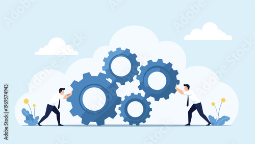 Two businessmen working together to move giant interlocking gears for operational efficiency and industrial teamwork in a factory.