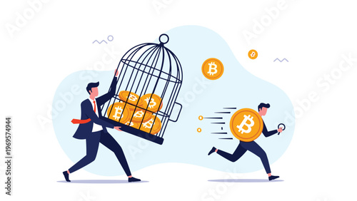 Businessman carrying a birdcage full of bitcoins while another professional runs with a single coin representing cryptocurrency security.
