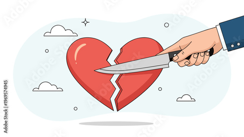 Hand using a kitchen knife to cut a red heart symbol representing heartbreak and emotional pain in interpersonal relationships metaphor.