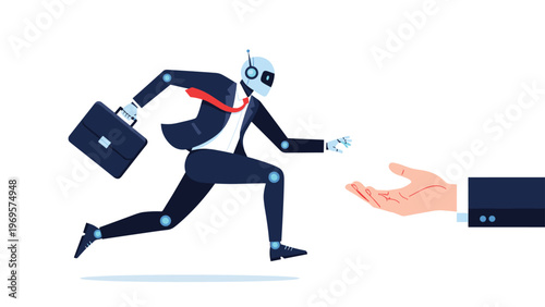 Robot dressed in a business suit running towards a reaching human hand for human robot collaboration in the future of work settings.