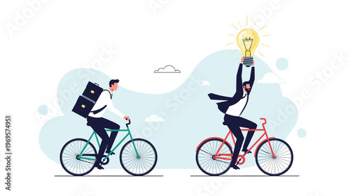 Two professionals on bicycles representing a comparison between traditional work and innovative creative thinking with a lightbulb.