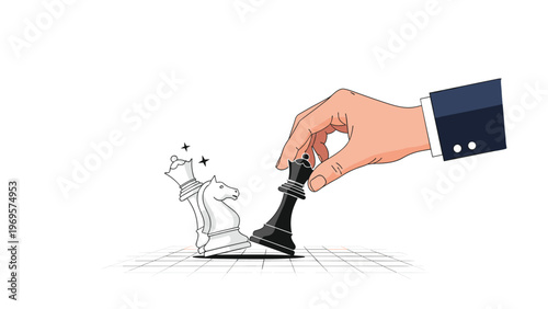 Strategic hand moving a black queen chess piece to capture a white piece representing competitive business tactics and market victory.