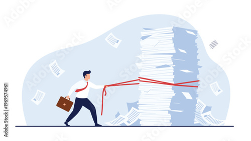 Businessman struggling to pull a rope tied around an enormous stack of paperwork representing bureaucracy and workload stress in office.