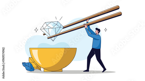 Man using giant chopsticks to carefully lift a large diamond from a golden bowl for precious resource handling and wealth management.