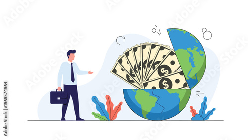 Businessman gesturing towards a collection of dollar bills stored inside a cracked globe for international financial resources in trade.