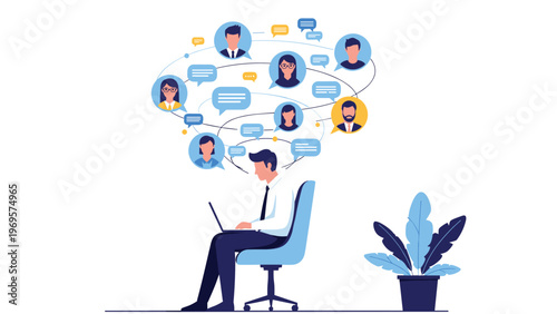 Professional working on a laptop surrounded by a complex network of team members and speech bubbles for digital communication strategy.