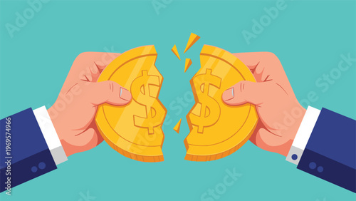 Two corporate hands breaking a large gold coin apart to represent financial division and profit sharing or potential business loss.