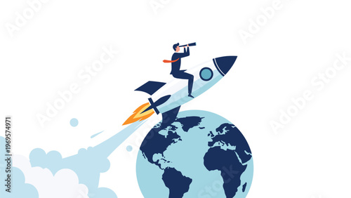 Businessman riding a rocket over the earth while using a telescope to look for future business opportunities and strategic vision.