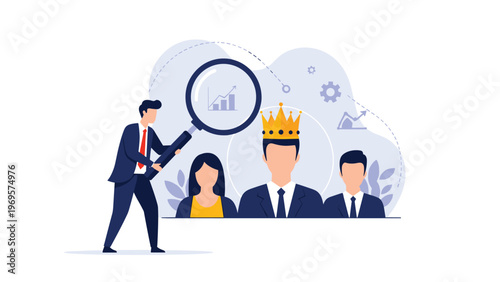 HR professional using a giant magnifying glass to identify a talented candidate with a crown for leadership recruitment and evaluation.