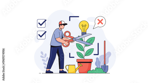 Gardener pruning a plant growing a lightbulb flower to represent nurturing new ideas and creative development in a corporate startup.