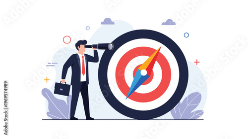 Businessman using a telescope while standing next to a large target compass for strategic direction and market navigation in business.