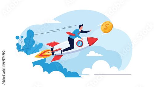 Businessman riding a fast rocket to chase a floating gold coin for rapid wealth generation and financial ambition in a global economy.