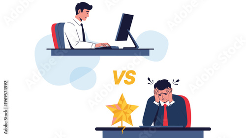 Comparison between a productive male employee at work versus a stressed businessman struggling with a broken star award.
