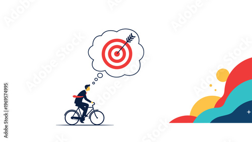 Focused businessman riding a bicycle while imagining a successful bullseye target as he moves towards abstract colorful waves.