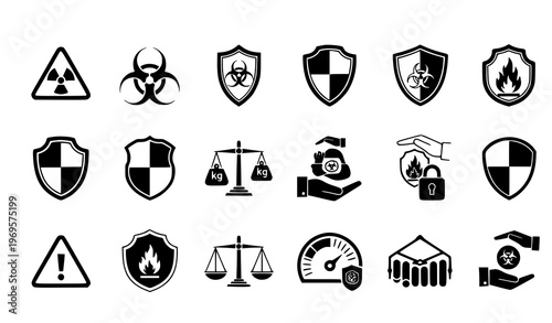 A collection of vector icons representing various safety, hazard, and security symbols in a minimalist design style.