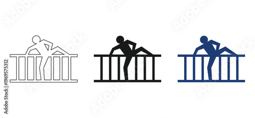 Climbing Fence Icon Vector – Human Figure Scaling Barrier Symbol