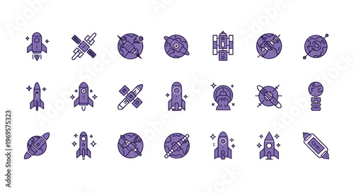 Space Exploration Icon Set Vector Illustration Rocket Ship Satellite Planet Astronaut Design Elements for Website and App Graphics