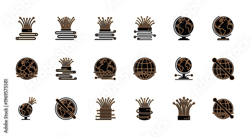 Global Network Icons Set - Crown Earth Connectivity Vector Illustration Design Elements for Business and Technology Concepts
