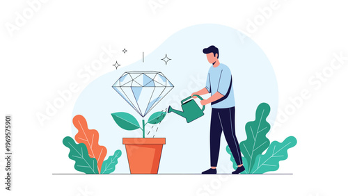 Dedicated man using a watering can to nurture a plant that is growing a giant sparkling diamond instead of a normal flower.