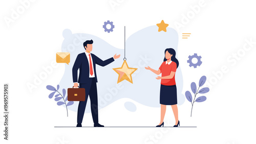 Successful businessman in a suit presenting a hanging gold star to a female colleague as a reward for her hard work and merit.