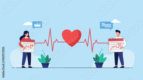 Man and woman holding calendars connected by a red heartbeat line with a large heart in the center for wellness planning.