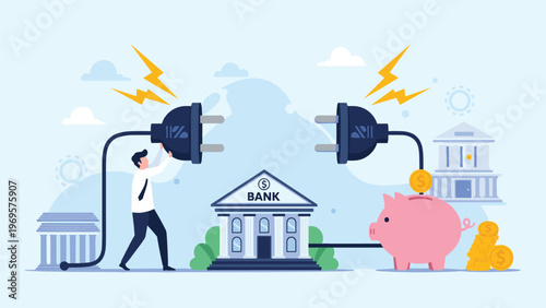 Man attempting to connect two giant electrical plugs between a bank building and a large pink piggy bank for money transfer.