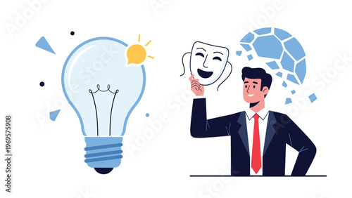 Professional businessman holding a theater mask next to a glowing lightbulb and a shattered blue sphere of broken illusions.