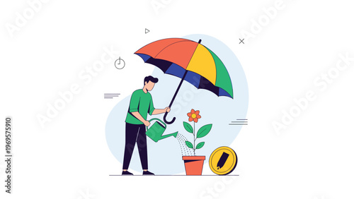 Man holding an umbrella over himself while watering a single flower in a pot with a gold coin nearby in a growth concept.