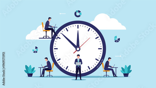 Corporate team of office workers performing various tasks around a giant clock representing time management and deadlines.