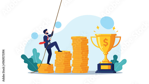 Ambitious businessman climbing a rope over stacks of gold coins to reach a trophy with a dollar sign symbol of peak success.