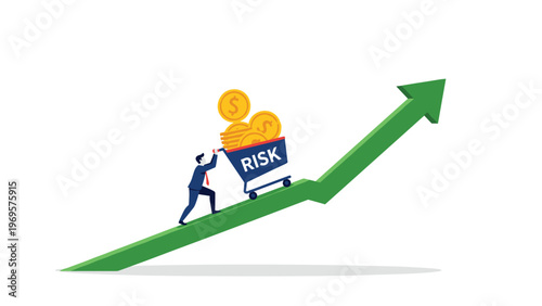 Businessman pushing a shopping cart full of money labeled risk up a steep green rising arrow representing high stakes growth.