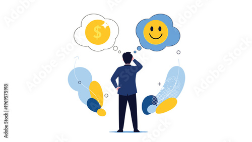 Businessman from behind looking at two thought bubbles containing a gold coin and a happy smiley face for life balance.