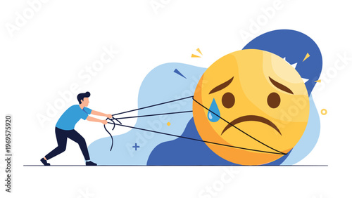 Young man pulling a rope attached to a giant sad yellow face emoji representing the struggle with depression and sadness.