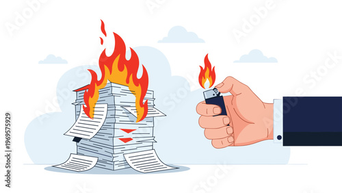Close up of a giant hand in a suit holding a lighter to set a tall stack of paper documents on fire for data destruction.